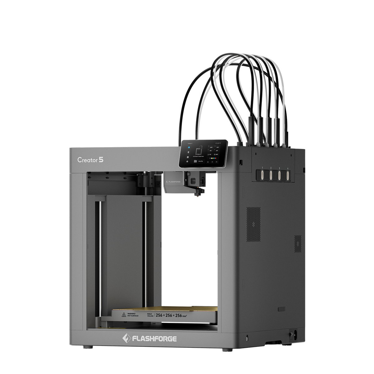 Flashforge Creator 5 — detalhe das toolheads e base PEI